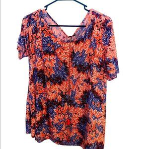 AMANA Pink, Blue & Orange Blouse w/ necklace that attaches to shirt